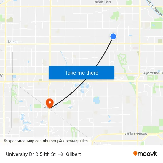 University Dr & 54th St to Gilbert map