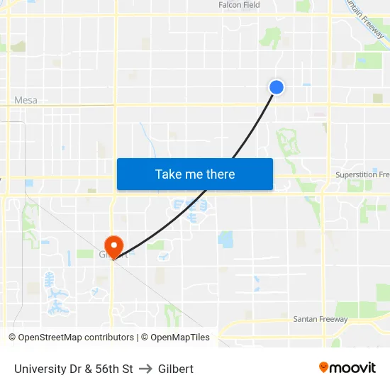 University Dr & 56th St to Gilbert map