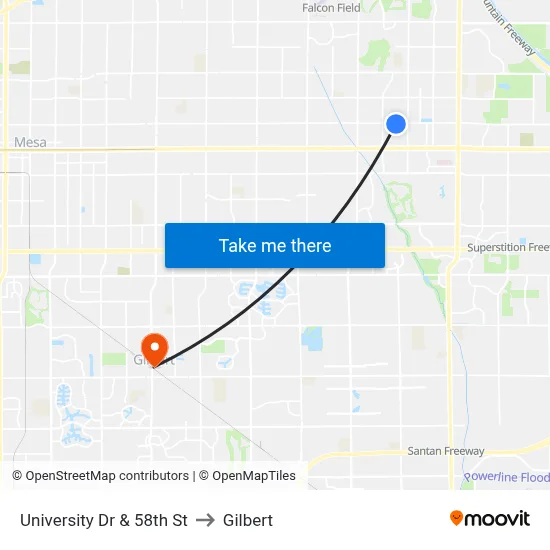 University Dr & 58th St to Gilbert map