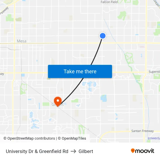 University Dr & Greenfield Rd to Gilbert map