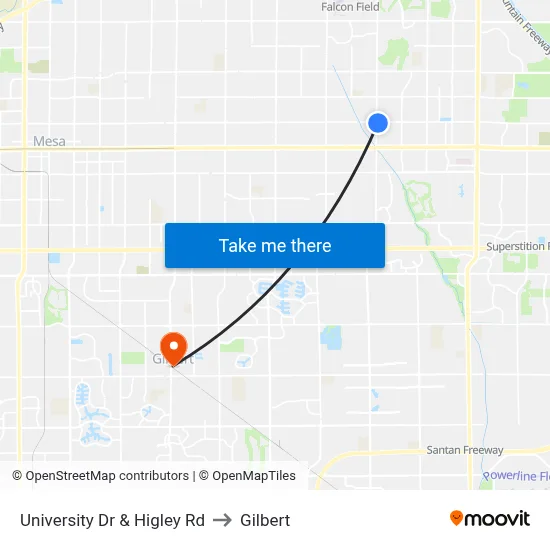 University Dr & Higley Rd to Gilbert map