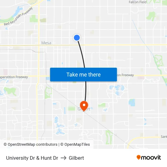 University Dr & Hunt Dr to Gilbert map
