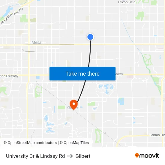 University Dr & Lindsay Rd to Gilbert map