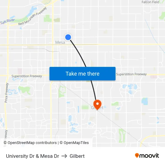 University Dr & Mesa Dr to Gilbert map