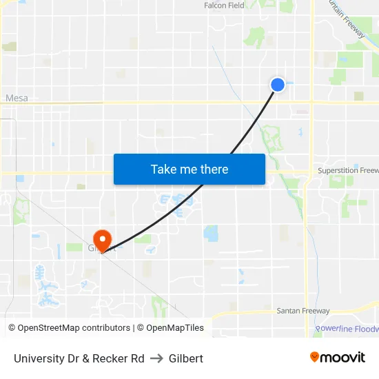 University Dr & Recker Rd to Gilbert map