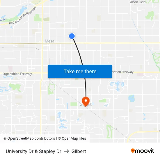 University Dr & Stapley Dr to Gilbert map