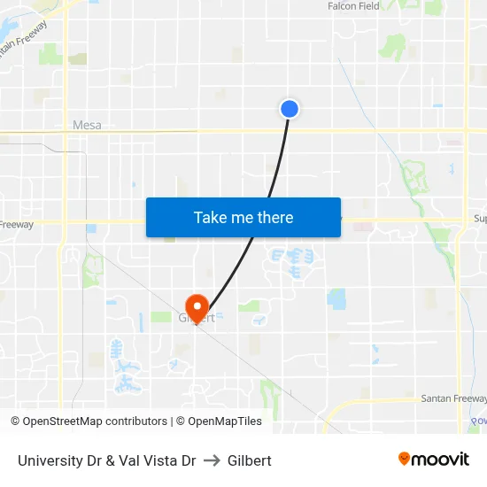 University Dr & Val Vista Dr to Gilbert map