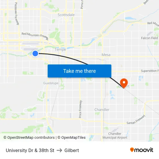 University Dr & 38th St to Gilbert map