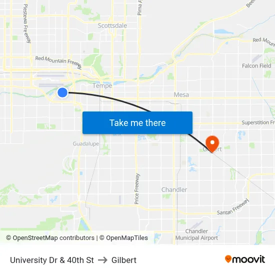 University Dr & 40th St to Gilbert map