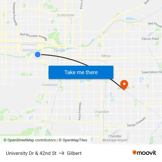 University Dr & 42nd St to Gilbert map