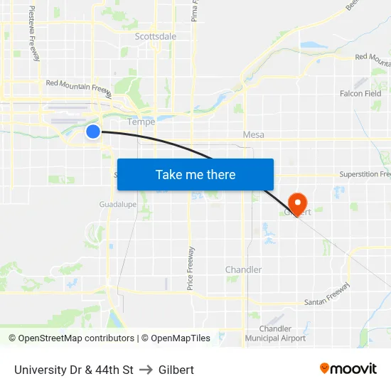 University Dr & 44th St to Gilbert map