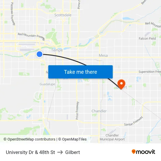 University Dr & 48th St to Gilbert map
