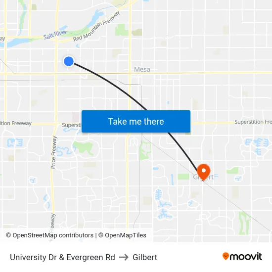 University Dr & Evergreen Rd to Gilbert map