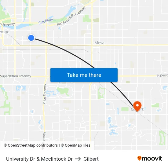 University Dr & Mcclintock Dr to Gilbert map