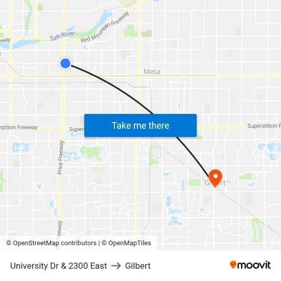 University Dr & 2300 East to Gilbert map