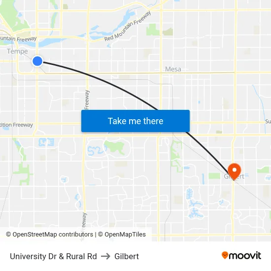 University Dr & Rural Rd to Gilbert map