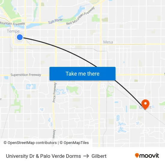 University Dr & Palo Verde Dorms to Gilbert map