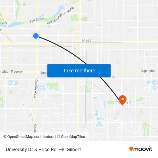 University Dr & Price Rd to Gilbert map