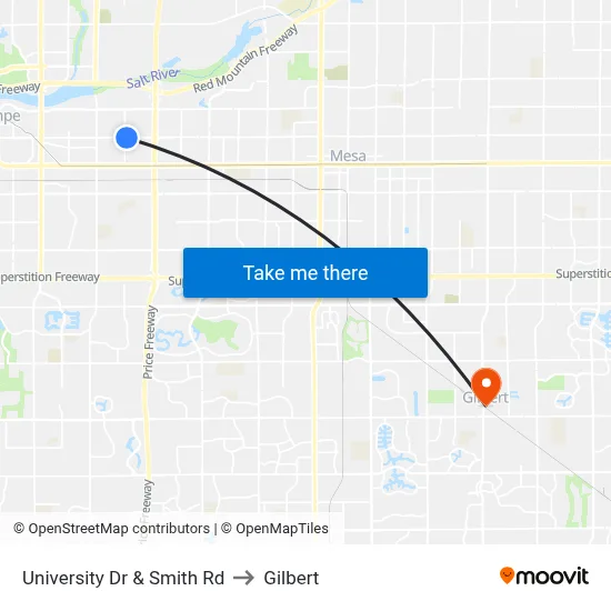 University Dr & Smith Rd to Gilbert map