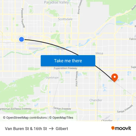Van Buren St & 16th St to Gilbert map