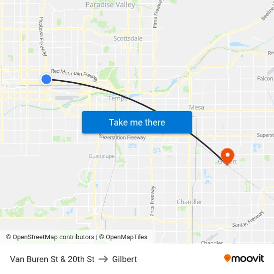 Van Buren St & 20th St to Gilbert map