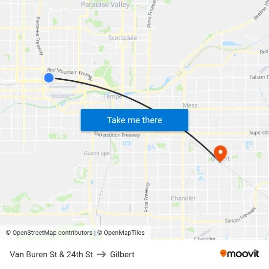 Van Buren St & 24th St to Gilbert map