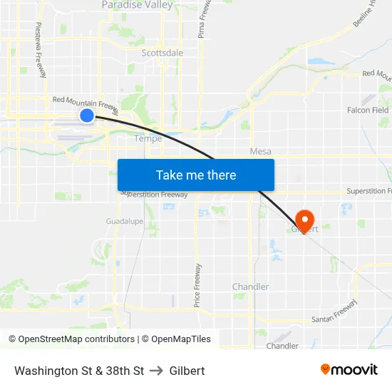Washington St & 38th St to Gilbert map