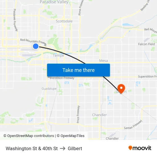 Washington St & 40th St to Gilbert map