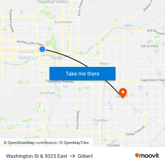 Washington St & 5025 East to Gilbert map