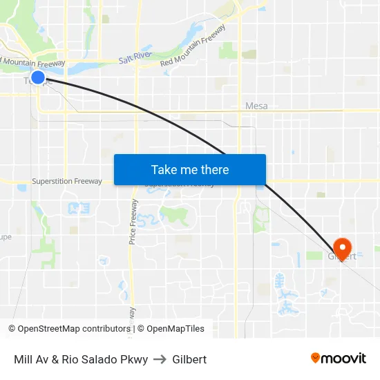 Mill Av & Rio Salado Pkwy to Gilbert map