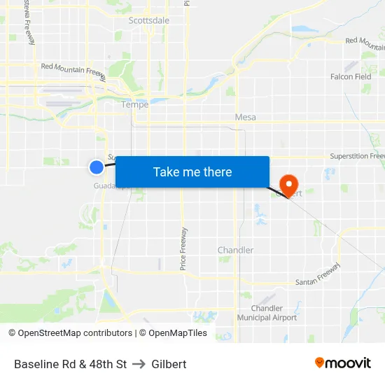 Baseline Rd & 48th St to Gilbert map