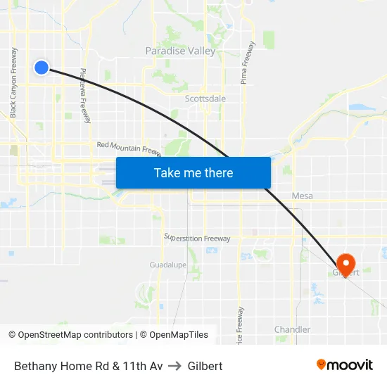 Bethany Home Rd & 11th Av to Gilbert map