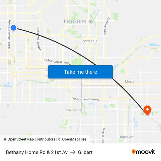 Bethany Home Rd & 21st Av to Gilbert map