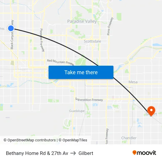 Bethany Home Rd & 27th Av to Gilbert map