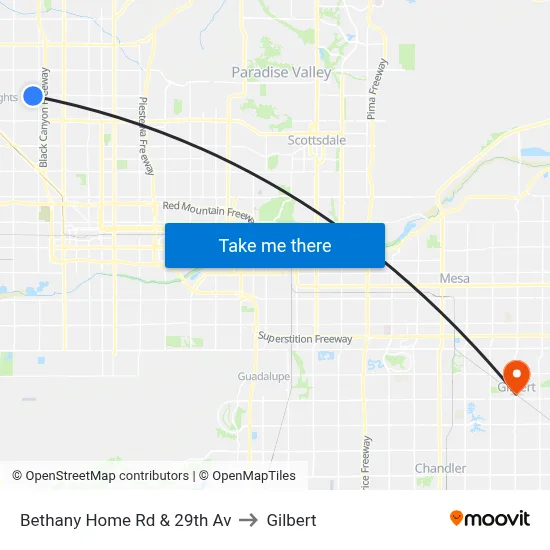 Bethany Home Rd & 29th Av to Gilbert map