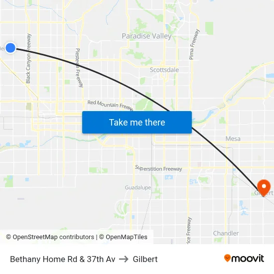 Bethany Home Rd & 37th Av to Gilbert map