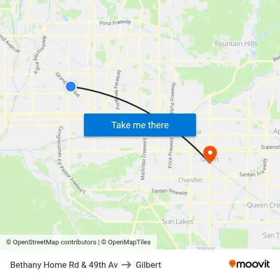 Bethany Home Rd & 49th Av to Gilbert map