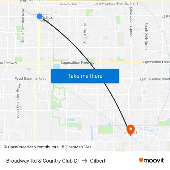 Broadway Rd & Country Club Dr to Gilbert map