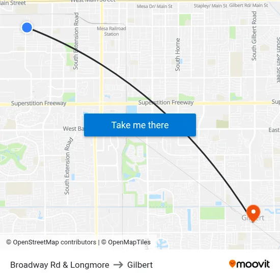 Broadway Rd & Longmore to Gilbert map