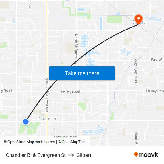 Chandler Bl & Evergreen St to Gilbert map