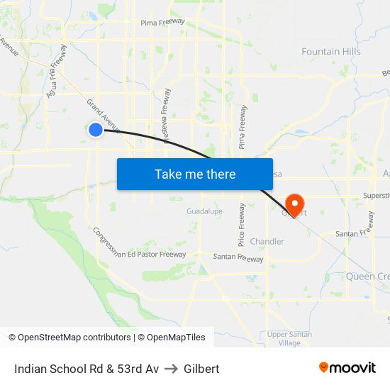 Indian School Rd & 53rd Av to Gilbert map