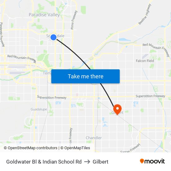 Goldwater Bl & Indian School Rd to Gilbert map