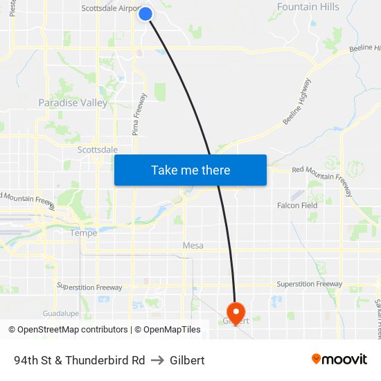 94th St & Thunderbird Rd to Gilbert map