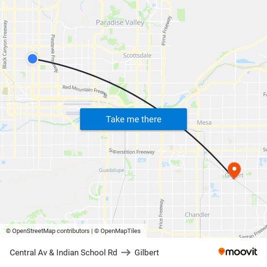 Central Av & Indian School Rd to Gilbert map