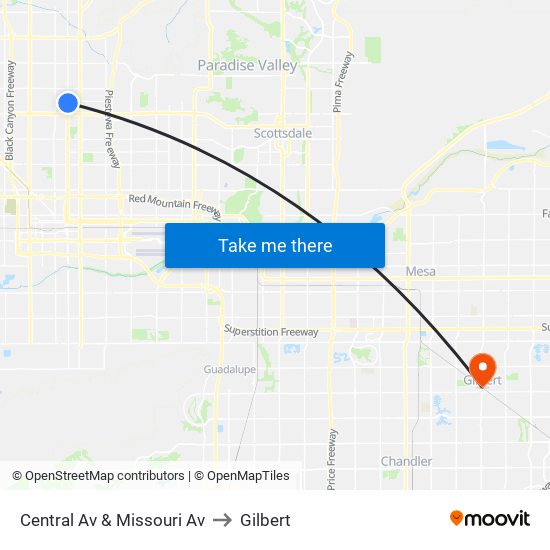 Central Av & Missouri Av to Gilbert map
