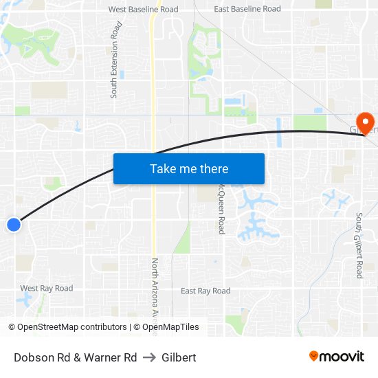 Dobson Rd & Warner Rd to Gilbert map