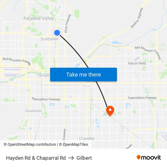 Hayden Rd & Chaparral Rd to Gilbert map