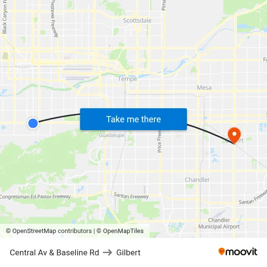 Central Av & Baseline Rd to Gilbert map