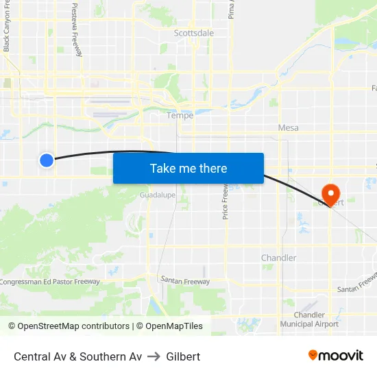 Central Av & Southern Av to Gilbert map