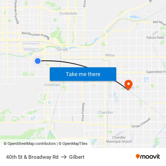 40th St & Broadway Rd to Gilbert map
